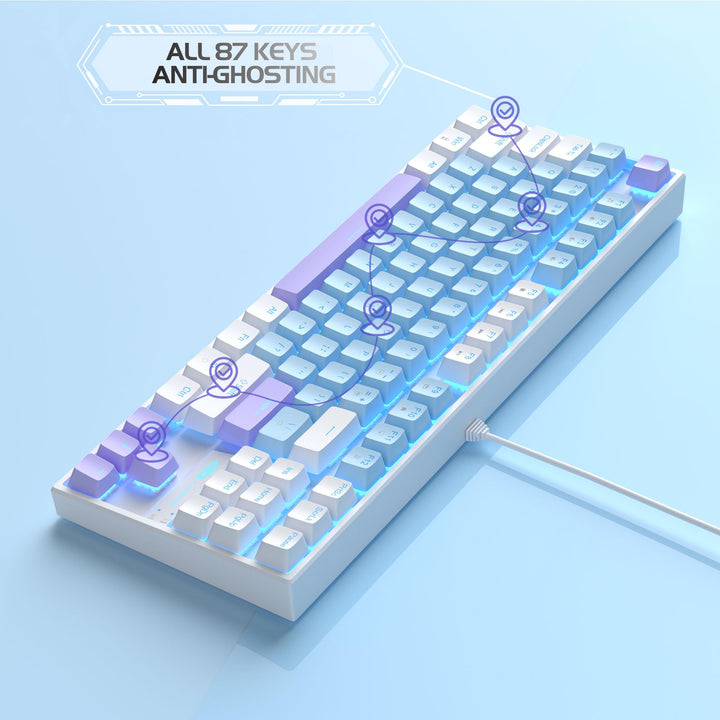 75% Mechanical Gaming Keyboard with Blue Switch, LED Blue Backlit Keyboard, 87 Keys Compact TKL Wired Computer Keyboard for Windows Laptop PC Gamer - Blue/White