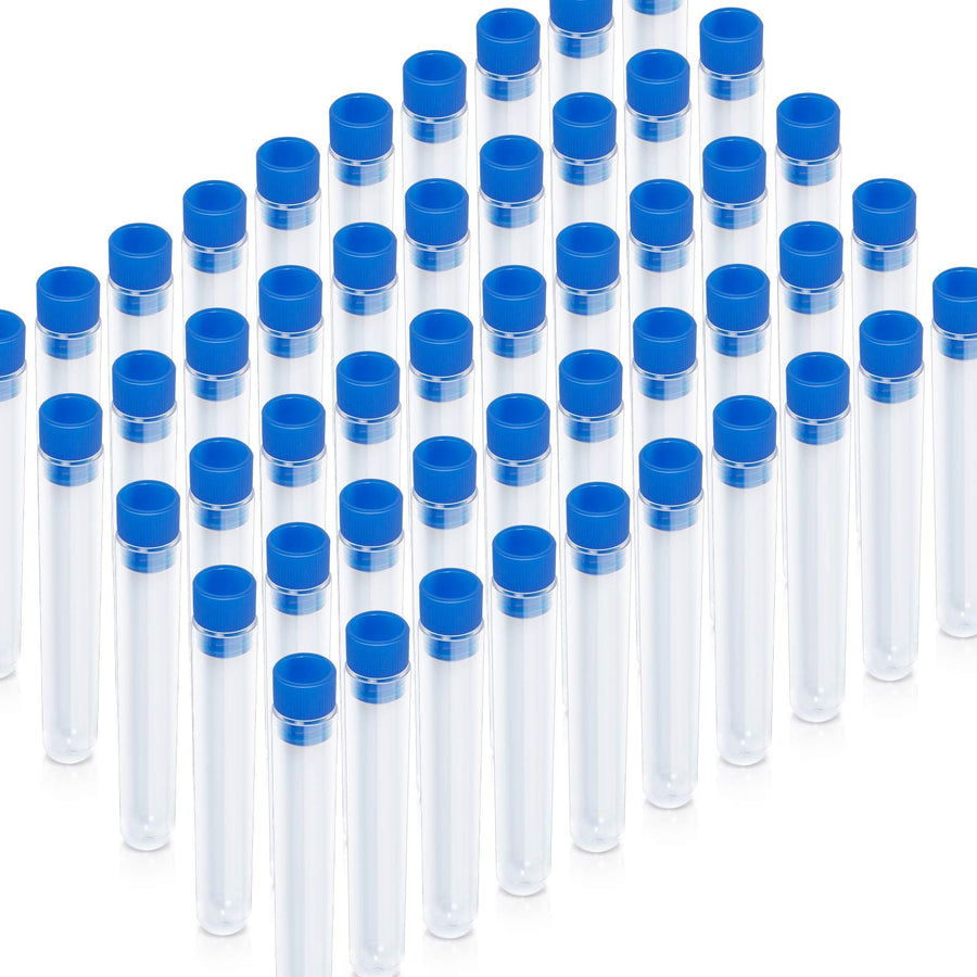 50 Pack Clear Plastic Test Tubes with Blue Caps, 13×78mm, Great for Halloween Party