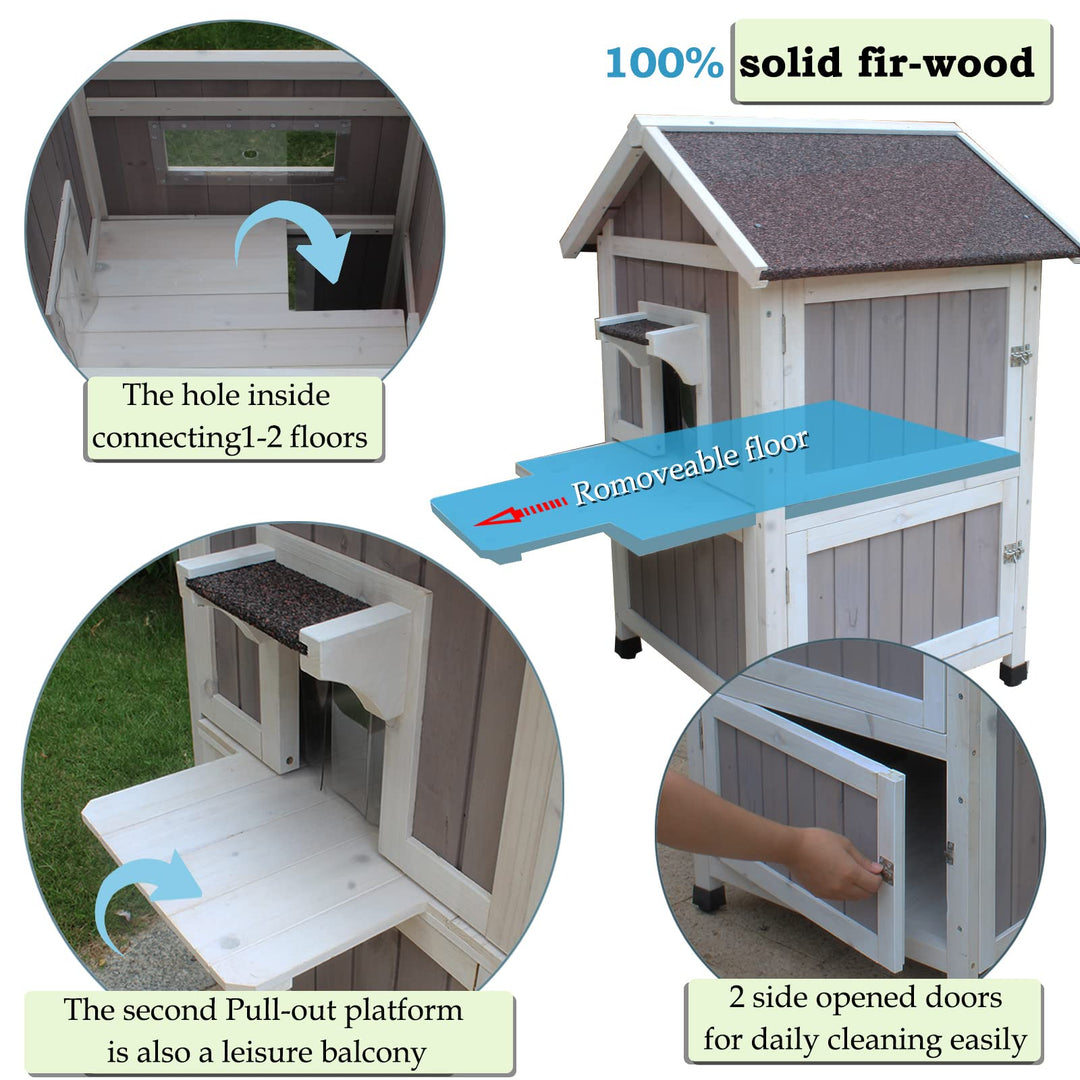 Outdoor Cat House, Large Outdoor Houses for Feral Cats Wooden Outside Cat Shelter Weatherproof with Escape Door