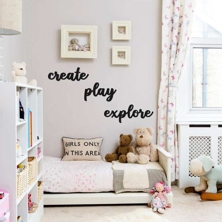 Playroom Wall Decor Wood Play Explore Create Inspirational Wall Art Nursery Room Decor for Kids Toddlers Boys Girls Classroom Bedroom Reading Nook Positive Quotes Wall Decoration