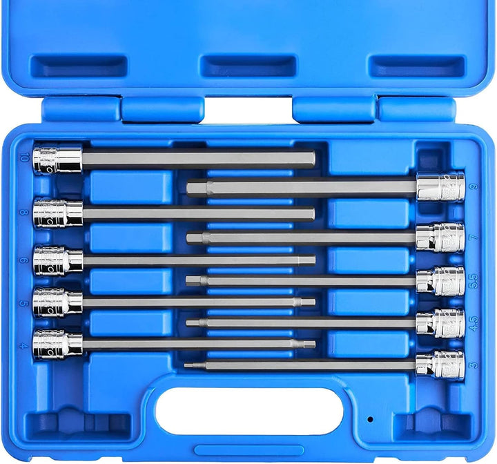 Neiko 10077A 3/8” Drive Metric Extra Long Allen Hex Bit Socket Set | 10 Pieces | Sizes 3mm – 10mm | Shaft Length 6” | Premium S2 Steel Bits | Heavy Duty Cr-V Sockets | Exceeds ANSI Standards
