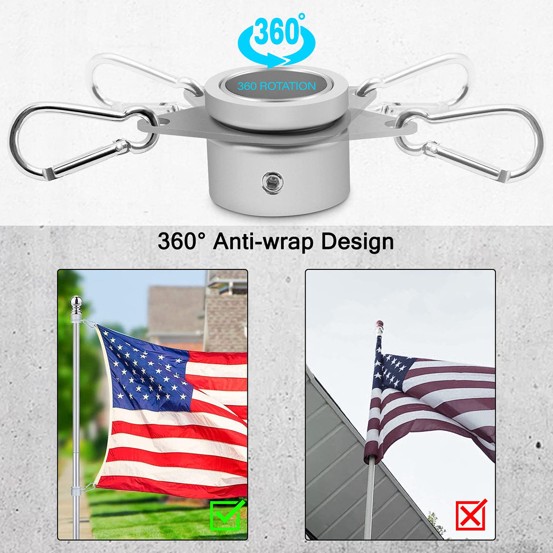Flag Pole Rings, Aluminum Alloy Flagpole Rings 360° Rotating Anti Wrap Mounting Ring, Spinning Clips with Carabiner for 0.75-1.02 Inch Diameter- Pack of 2 (Matte Silver)