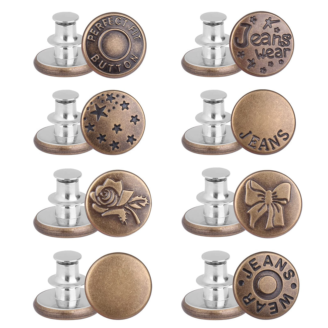 8 Sets Button Pins, Nailing-Free Jean Buttons, 8 Styles Button Pins for Jeans No Sew, Metal Buttons Adds Or Reduces an Inch to Any Pants Waist in Seconds