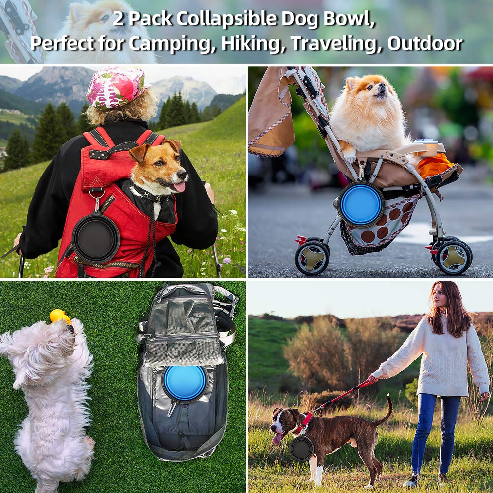 Large Collapsible Dog Bowls 2 Pack, 34oz Foldable Dog Travel Bowl, Portable Pet Water Food Bowl with Clasp, Pet Cat Feeding Cup Dish for Traveling, Walking, Hiking (Black+Blue)