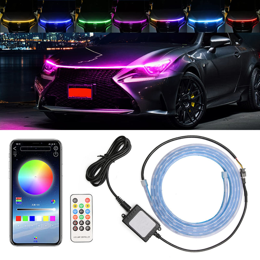 Exterior Car LED Strip Lights, 59 inches RGB LED Strip Lights for Car, Flexible LED Car Hood Strip Light, APP and Remote Control Waterproof Daytime Running Light for Cars, SUVs,Trucks
