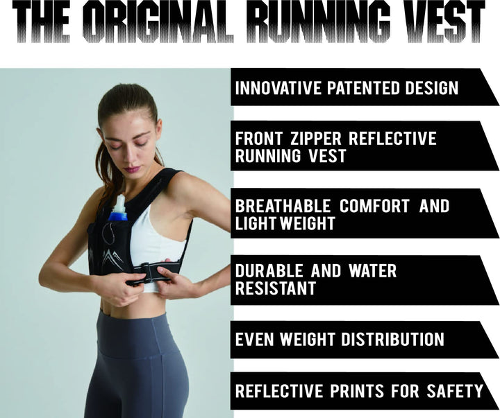 Running Vest, USA Original Patent, Zip Reflective Running Vests with 500ml Hydration Bottle, Adjustable Waistband & Breathable Material, Chest Pack Gear Phone Holder for Running, Men & Women