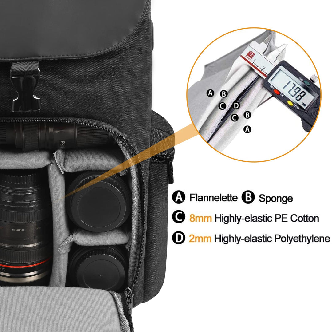 Camera Backpack Canvas Camera Bag for DSLR/SLR Mirrorless Camera with 15.6 inches Laptop Compartment, Camera Case Compatible for Sony Canon Nikon Cameras and Lens Tripod Waterproof Black