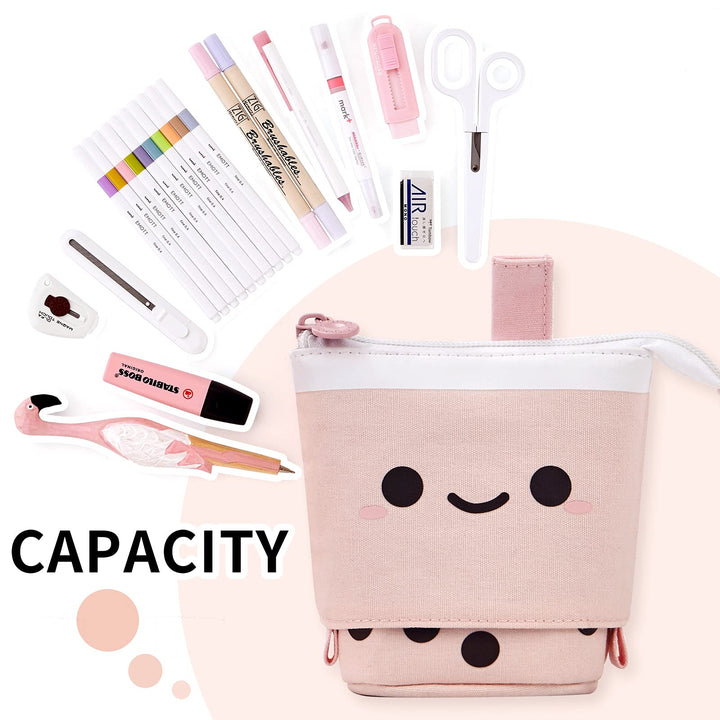 Standing Pencil Case Cute Telescopic Pen Holder Kawaii Stationery Pouch Makeup Cosmetics Bag for School Students Office Women Teens Girls Boys (Pink)