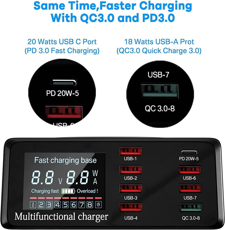 USB Charger Hub 100W 8-Port Desktop Multiple USB Charging Station with PD Port, Quick Charge 3.0 USB Port, Wireless Charger, LCD Display Fast USB C Charger for iPhone 12, Tablet and More