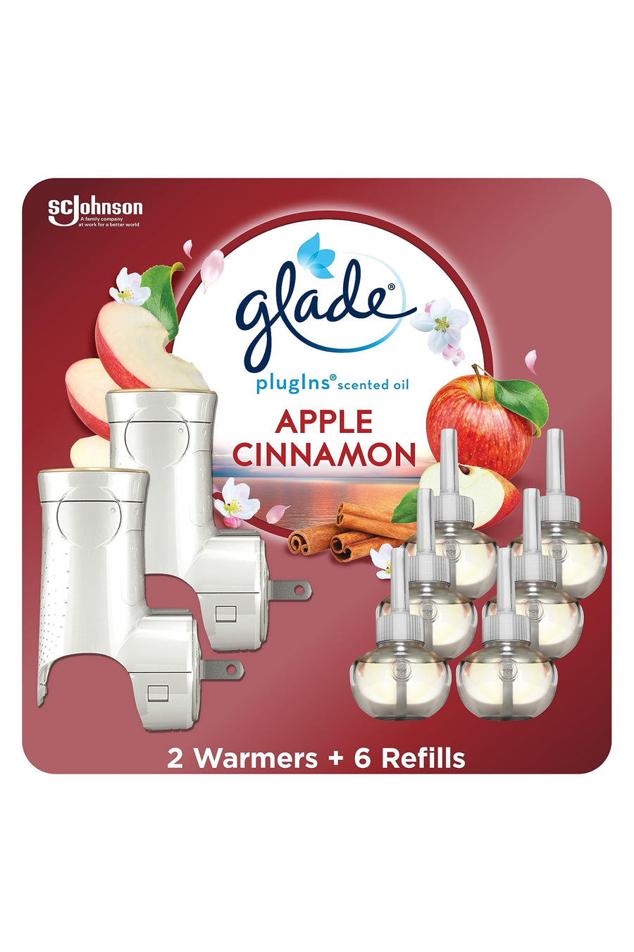 PlugIns Air Freshener Starter Kit, Scented and Essential Oils for Home and Bathroom, Apple Cinnamon, 4.02 Fl Oz, 2 Warmers and 6 Refills (Packaging May Vary)