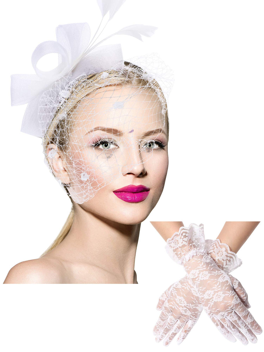 Bowknot Fascinator Hat Tea Party Hat Feathers Veil Mesh Headband and Short Lace Gloves Floral Lace Gloves(White, Adult)