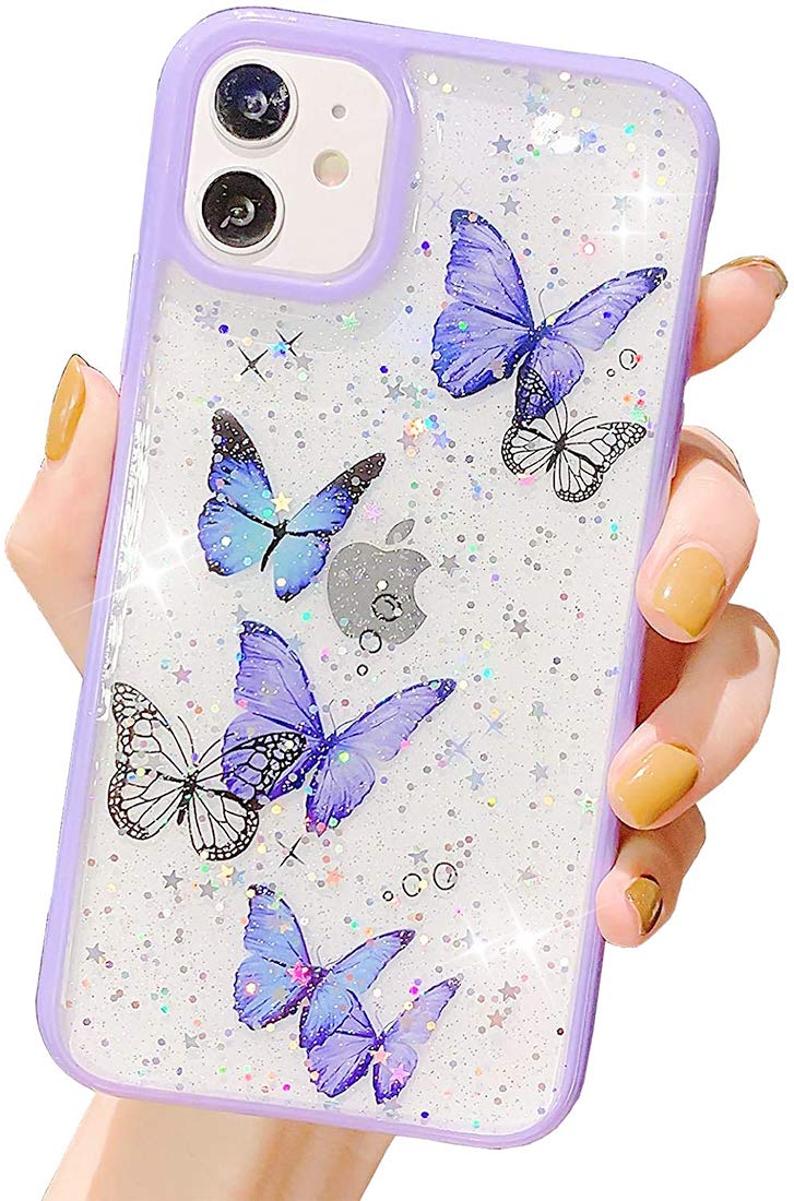iPhone 11 Case Glitter Butterfly Sparkle Case for Women Girls,Cute Slim Soft Silicone Gel Bling Phone Case Cover Compatible for Apple iPhone 11 - Purple Butterfly