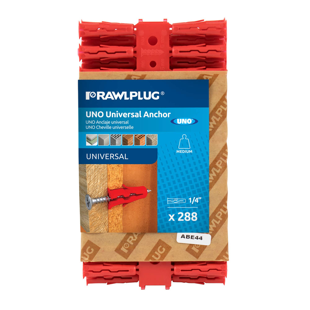 RAWLPLUG® Rawl® Uno Universal Plastic Drywall Anchors 1/4, Drywall, Hollow Wall and Solid Materials, Set of 288 Anchors on a Clip Card (3x96 Anchors)