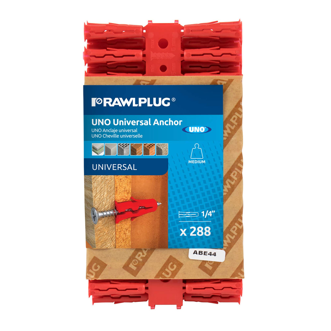 RAWLPLUG® Rawl® Uno Universal Plastic Drywall Anchors 1/4, Drywall, Hollow Wall and Solid Materials, Set of 288 Anchors on a Clip Card (3x96 Anchors)