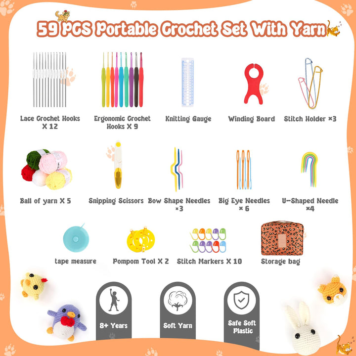 Crochet Kit Beginners Crochet Hook Set with Crochet Yarn,58PCS Portable Crochet Set Ergonomic Crochet Hooks Travel Knitting Crochet Supplies