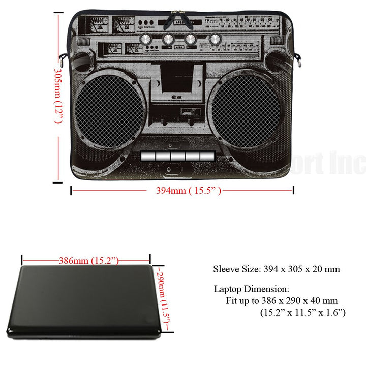15 15.6 inch Neoprene Laptop Sleeve Bag Carrying Case with Hidden Handle and Adjustable Shoulder Strap - Cassette Player Design