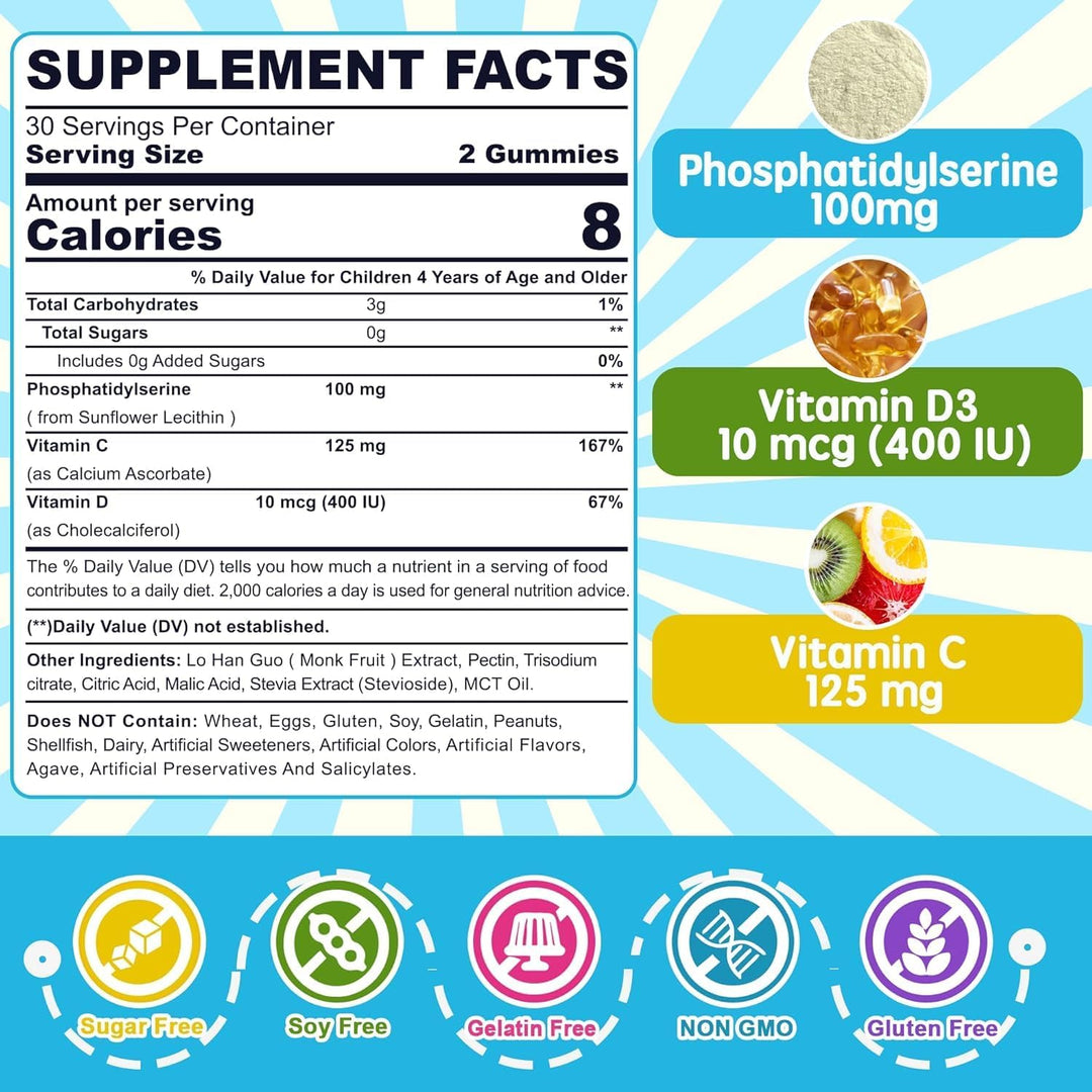 Phosphatidylserine Supplement 100mg, Focus Gummies for Kids Teens + Vitamin C & D3 400IU, Sugar Free Kids Brain Gummies Increase Attention & Concentration, Chewable, Vegan, Gluten Free, Non-GMO 2 Pack