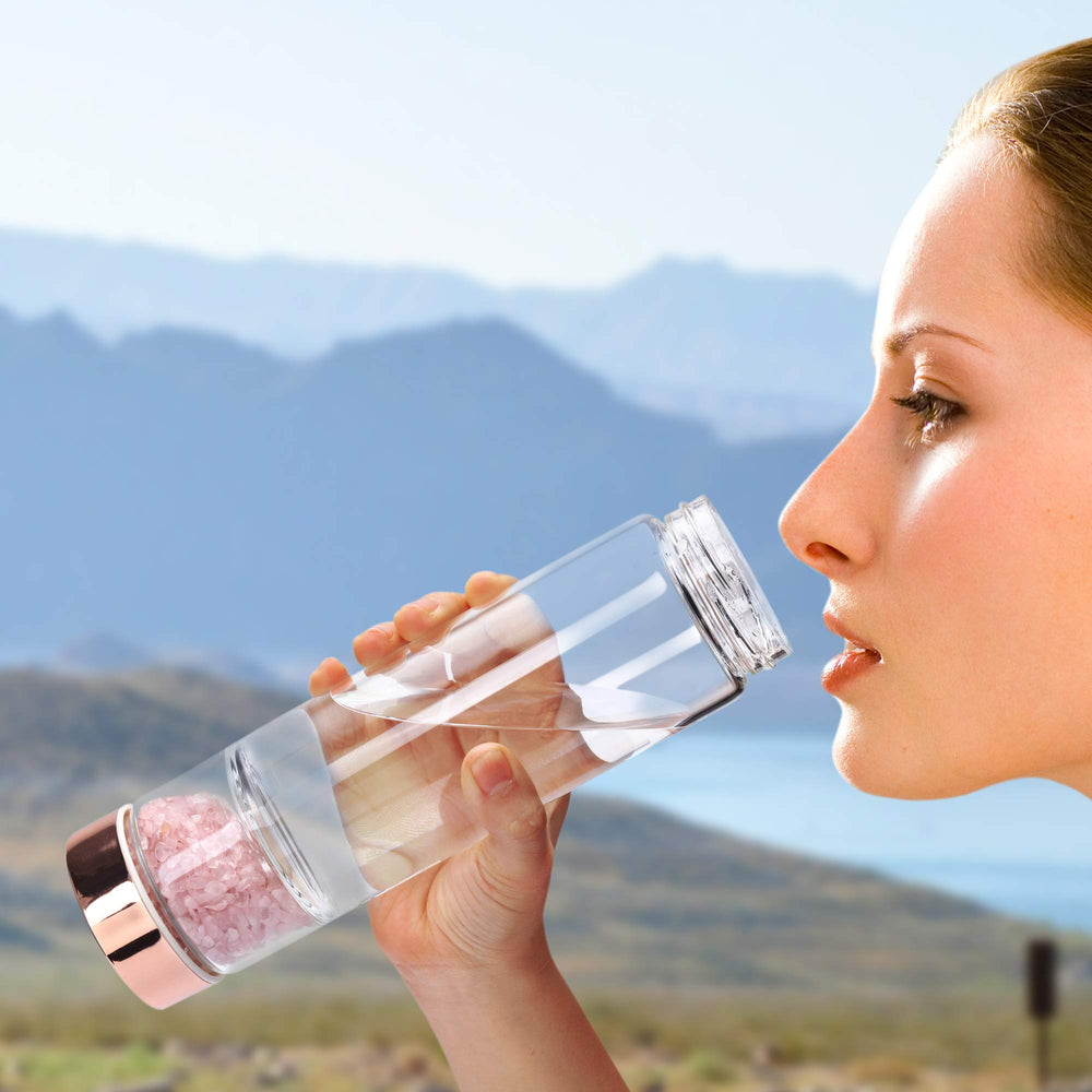 Crystal Water Bottle, Rose Quartz Healing Glass Water Bottle, Includes a Loose Leaf Tea Infuser Bottle and Protective Sleeve
