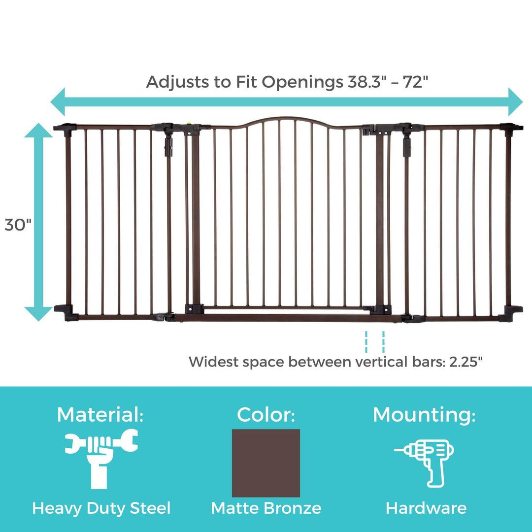 72” wide Deluxe Décor Baby Gate: Sturdy safety gate with one hand operation. Extra wide baby gate. Hardware Mount. Fits 38.3 - 72” Wide. (30 Tall, Matte Bronze)