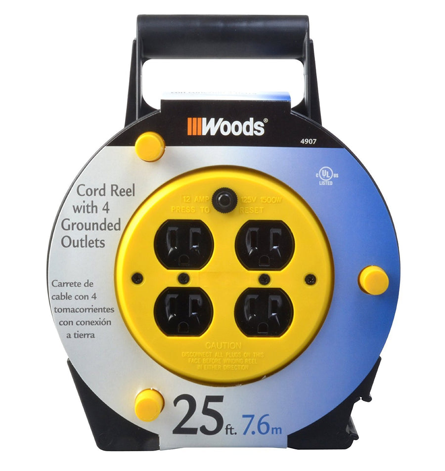 Light Duty Extension Cord Reel, 25Ft, 16 Gauge, 3 Conductor, 4-Outlets, 12A Circuit Breaker, Yellow/Black, 4907
