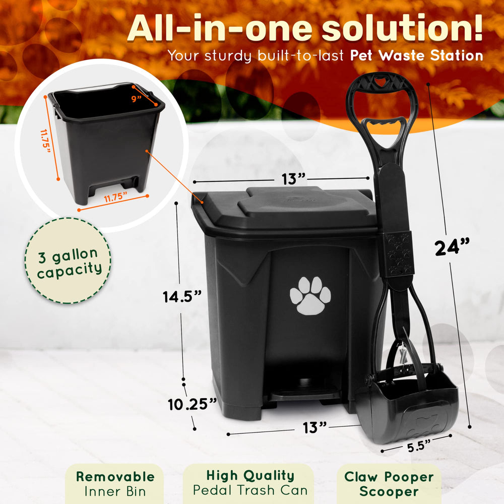 USA Fully Assembled Outdoor Dog Poop Trash Can with Lid and Removable Inner Waste Bin. Includes Long Handle Claw Pooper Scooper. A Portion of Every Sale Donated to Help Animals in Need.