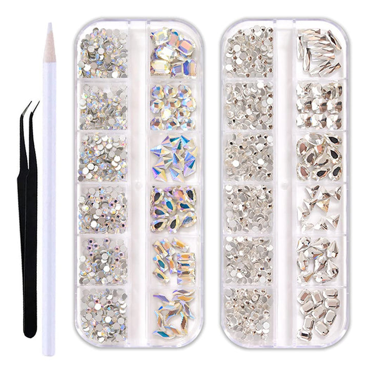 2 Box Flat Back Big Nail Crystals Rhinestones Gems For Nails Ab Rhinestones Nails Crystals And White Clear Nail Rhinestones Set With Nail Tweezers And Pencils Kit For Girls Women