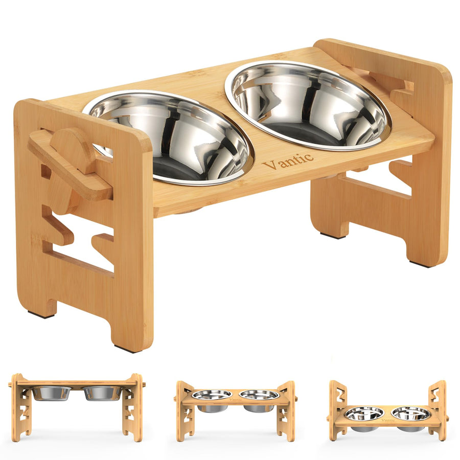 Elevated Dog Bowls, Adjustable Raised Dog Bowl Stand for Small Puppy and Cats, Sturdy Bamboo Pet Food Feeder with 2 Stainless Steel Dishes, Natural