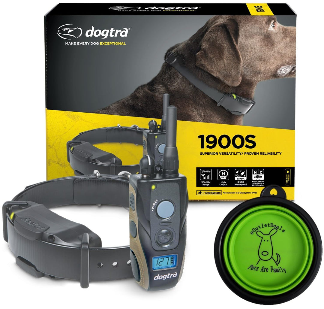 1900S E Collar - 3/4 Mile Remote Trainer with LCD Screen - Fully Waterproof Collar - Includes eOutletDeals Collapsible Pet Travel Bowl