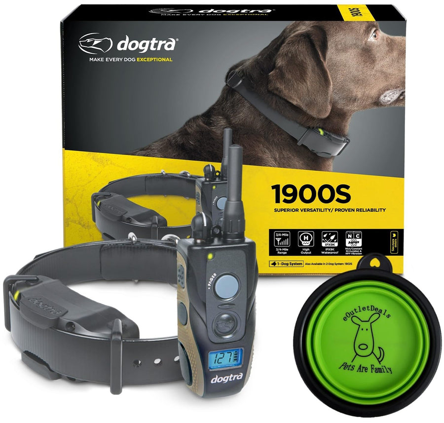 1900S E Collar - 3/4 Mile Remote Trainer with LCD Screen - Fully Waterproof Collar - Includes eOutletDeals Collapsible Pet Travel Bowl
