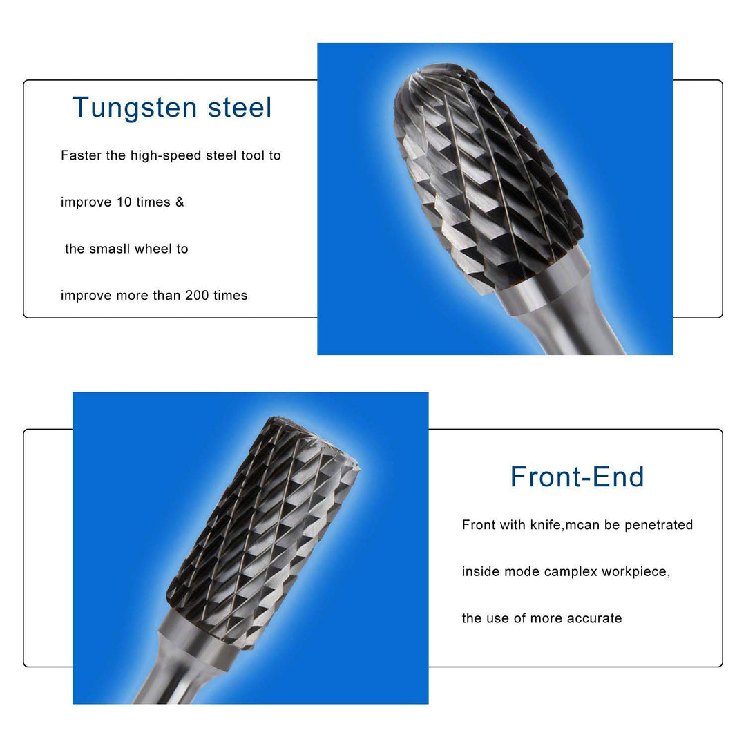 5PCS Double Cut Carbide Rotary Burrs Set - 1/4 Inch Shank 2/5 Inch Head Die Grinder Bits Solid Carbide Rotary Burr File Set for Die Grinder Drill, Metal Carving,Polishing,Engraving,Drilling