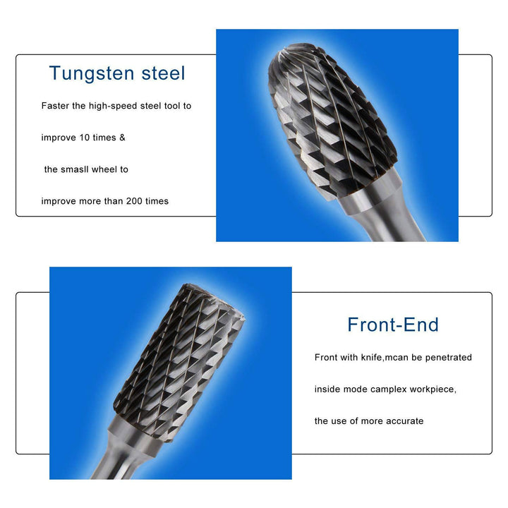 5PCS Double Cut Carbide Rotary Burrs Set - 1/4 Inch Shank 2/5 Inch Head Die Grinder Bits Solid Carbide Rotary Burr File Set for Die Grinder Drill, Metal Carving,Polishing,Engraving,Drilling