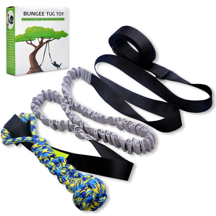 Outdoor Bungee Tug Toy, Dog Toy Hanging from Tree for Small to Large Dogs, Interactive Exercise Play Cord & Tether with Chew Rope Toy (Black)
