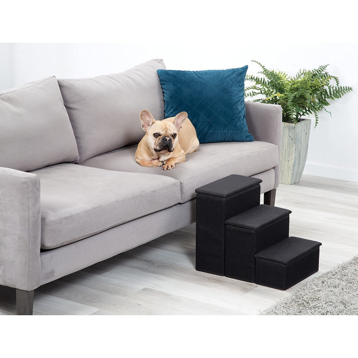 3-Step Pet Steps with Storage Fold Away Pet Stairs for Dogs Cats Fabric Upholstered Padded Tops - Black