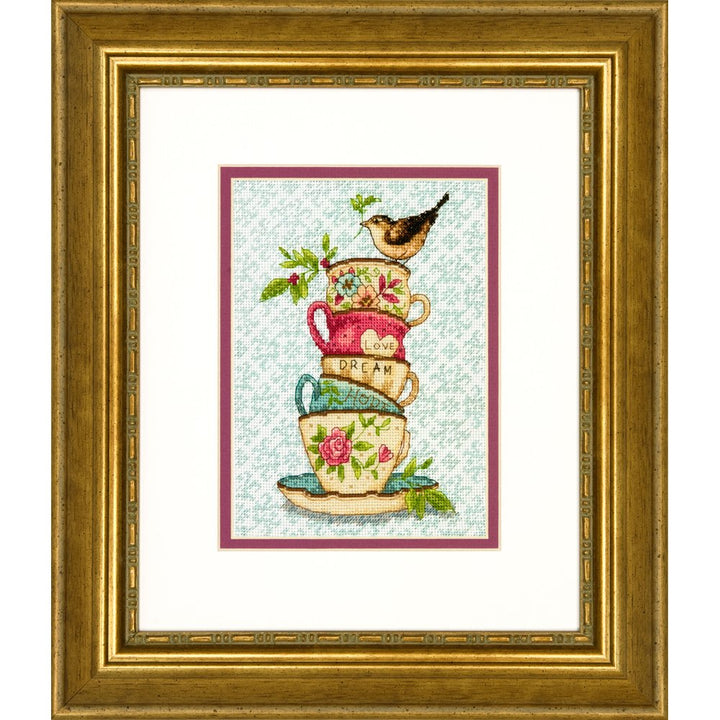 70-65171 Gold Collection Stacked Tea Cups Advanced Counted Cross Stitch Kit, 18 Count White Aida, 7 x 5