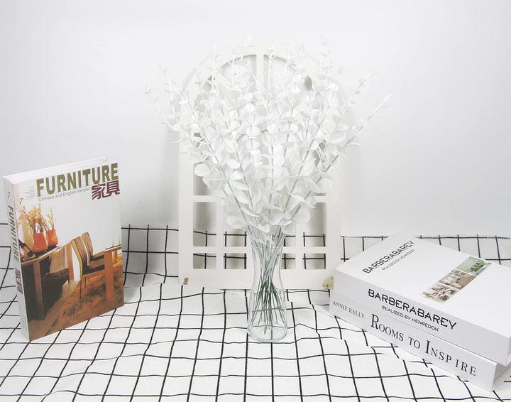 10 Pcs Real Touch Leaf Artificial White Eucalyptus Stem Faux Eucalyptuses Wedding Bouquet Centerpiece for Home Decor Party (White, 10)