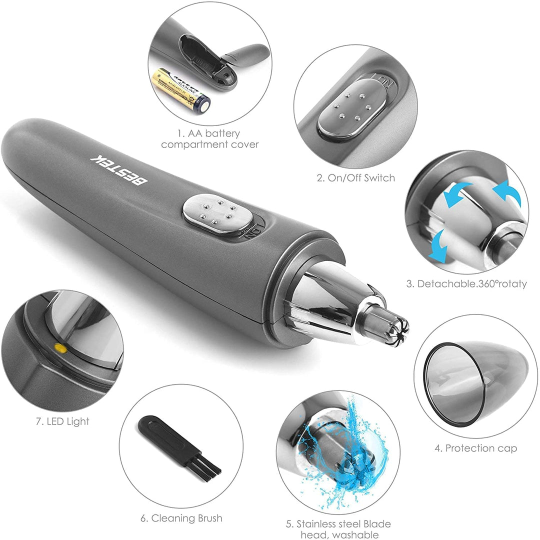 Nose Hair Trimmer, Ear and Nose Hair Trimmer Clipper, Efficient and Quiet Eyebrow & Facial Hair Trimmer for Men Women, Battery-Operated Trimmer with LED Light, 360°Rotating Design