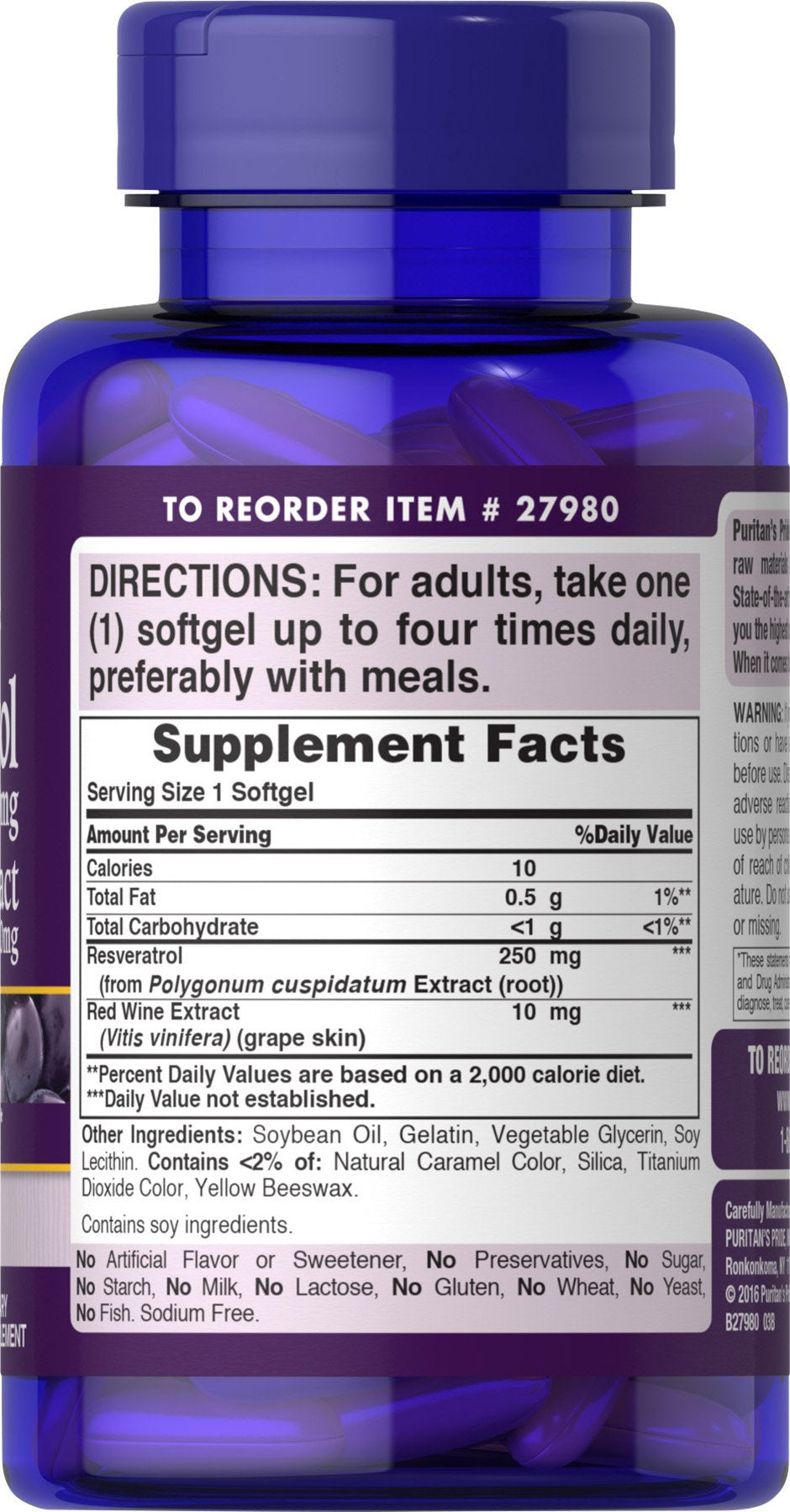 Puritan's Pride Premium Resveratrol Youth Guard 250mg, Dietary Supplement for Immune System, Antioxidant, Sugar Metabolism, Blood Flow, and Vascular Function Support, 60 Rapid Release Softgels