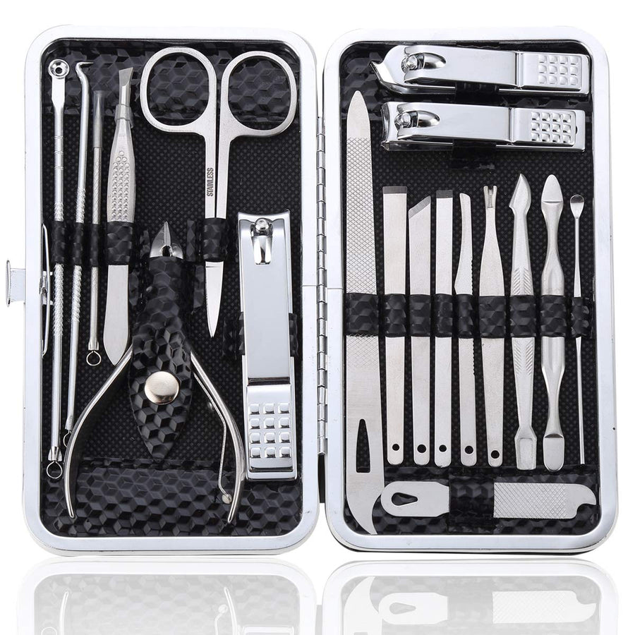 Manicure Set Pedicure Kit Professional 19 Pcs Nail Clipper for Men & Women Stainless Steel Sharp Cutter Grooming Nose Hair Scissors…Black Fingernails & Toenails with Portable Case (Black_19 pie