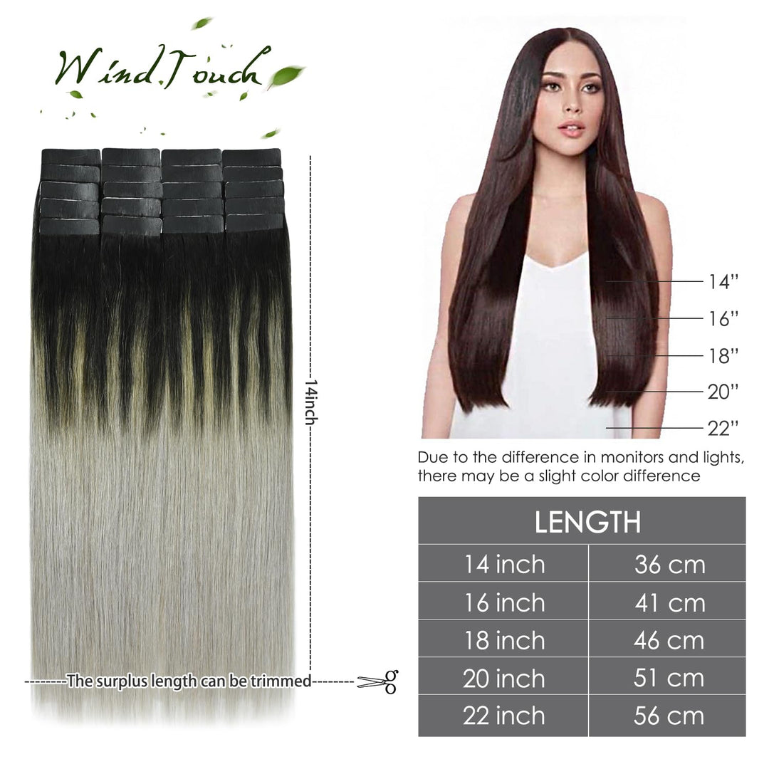 Tape In Hair Extensions Human Hair Double Sided Tape Skin Weft Balayage Ombre Hair Natural Black Fading to Silver Ash Blonde Hair Extensions Remy Hair #1btGray 50g 16Inch 20PCS Thick