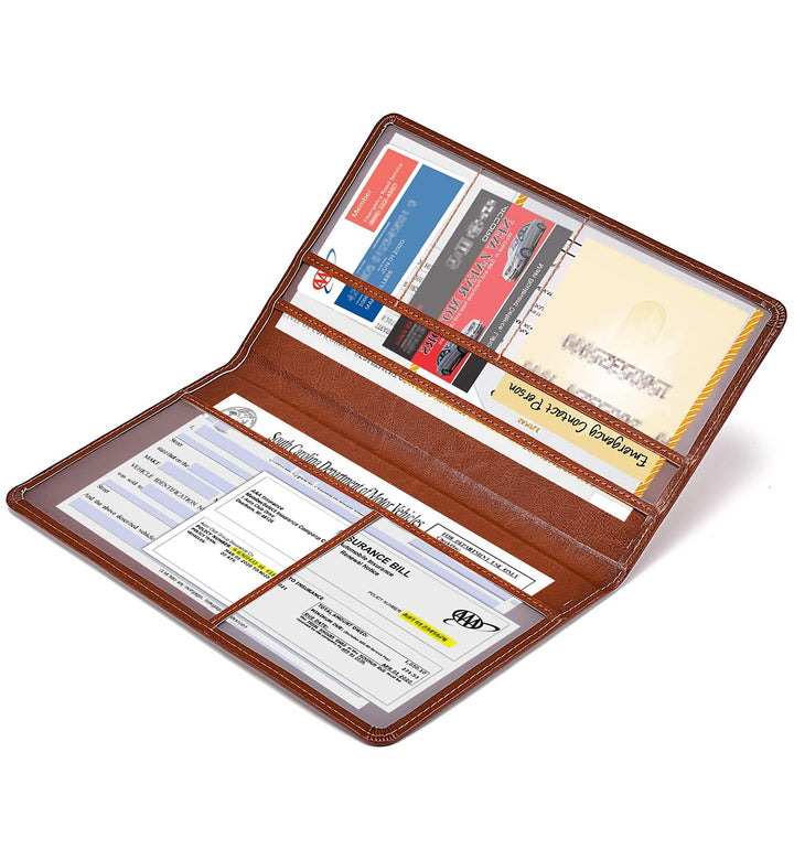 Car Registration and Insurance Card Holder - Leather Vehicle Glove Box Automobile Documents Paperwork Wallet Case Organizer for ID, Driver's License, Key Contact Information Cards - Men&Women