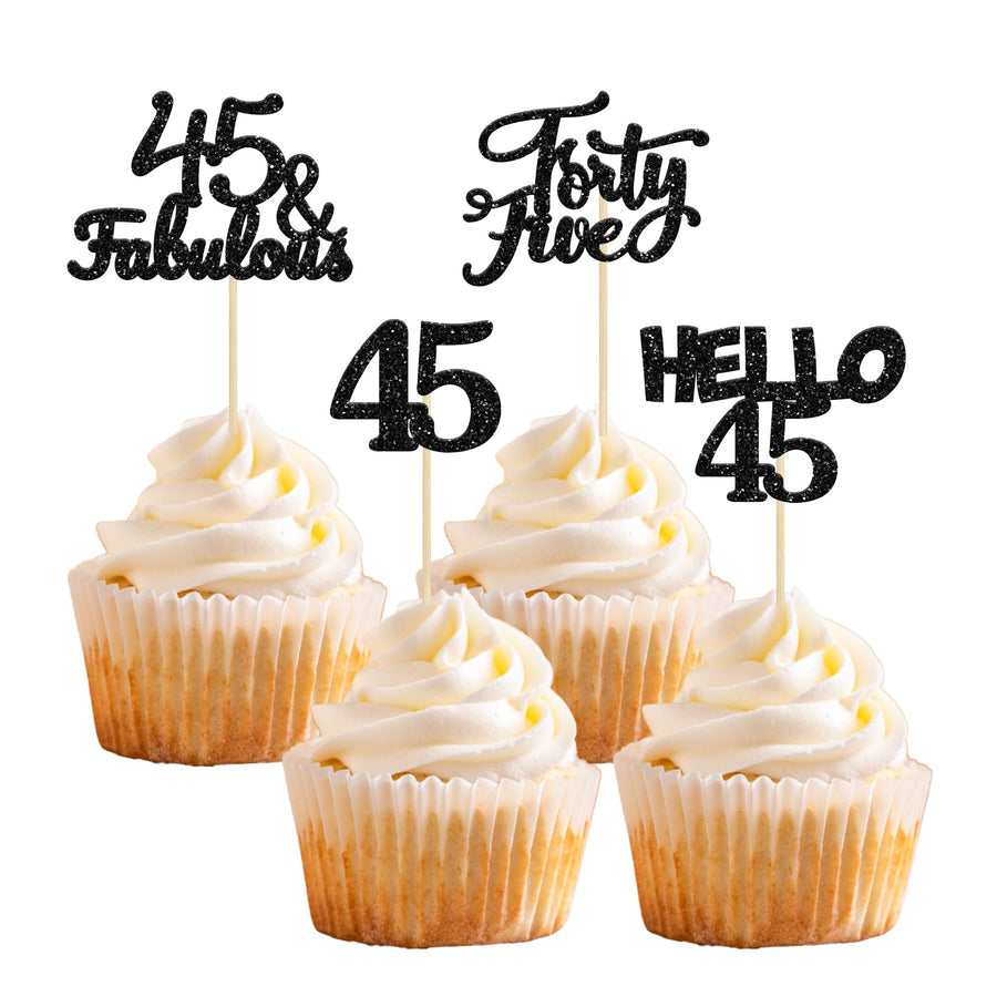 24Pcs Black Glitter 45th Birthday Cupcake Toppers Hello 45 Cake Toppers Forty Five 45 & fabulous Cupcake Picks for 45th Birthday Wedding Anniversary Cake Decorations Supplies