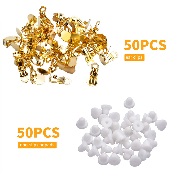50pcs Round Flat Back Tray Earring Clips Non Pierced Earring Components and 50pcs Soft Cushion for DIY Earrings Jewelry Making,Gold