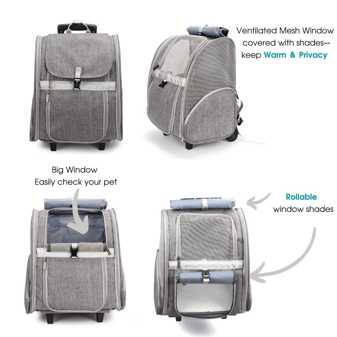 Lollimeow Pet Rolling Carrier, Dog Backpack with Wheels,Cats,Puppies Travel Bag with Wheels,Dog Trolley(Grey)