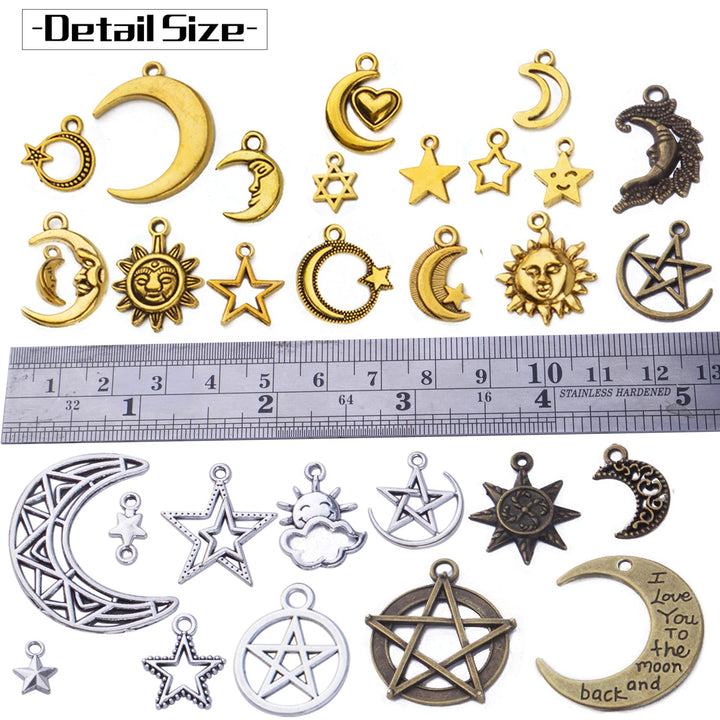 Celestial Charms,132pcs Mixed Sun Moon Star Charms Pentagram Charms Alloy Jewelry Pendant Charms for DIY Earrings Necklace Bracelet Jewelry Craft Making Accessory