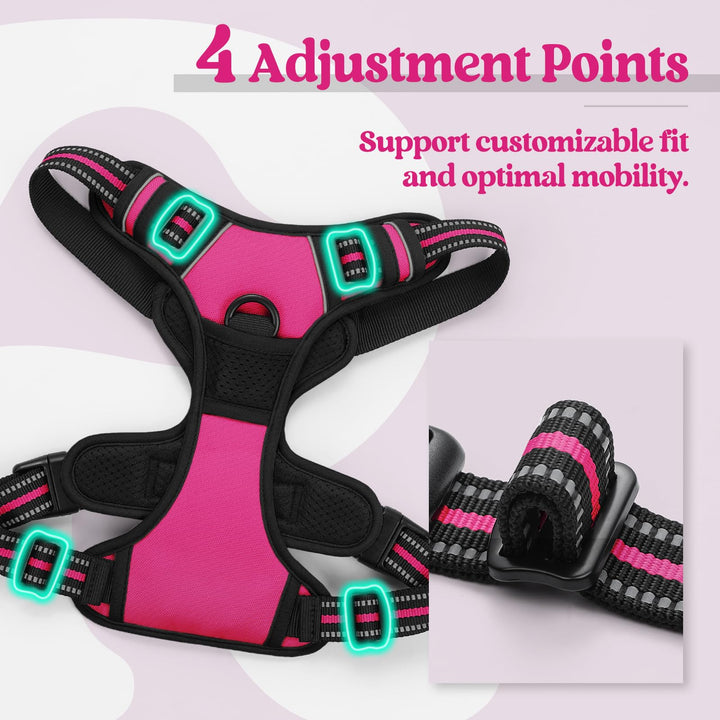 Dog Harness No Pull with 2 Leash Clips, Adjustable Soft Padded, Reflective Oxford No Choke Pet Vest with Easy Control Handle for Large Dogs, Hot Pink, L