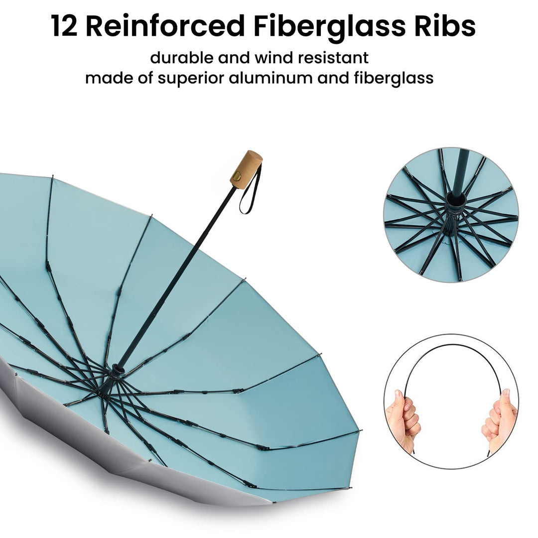 46 Inch UPF 50+ UV Protection Large Travel Umbrella with Wooden Handle, 15 Fibreglass Ribs Super Windproof Sun Blocking Folding Umbrella Auto Open Close (Lake Blue)