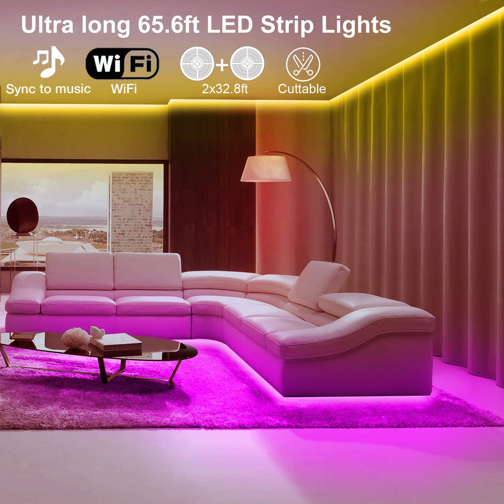 65.6 FT WiFi LED Strip Lights,LED Light Strip Compatible with Alexa and Google Home,App&Remote&Voice Controlled Music Sync Color Changing LED Lights for Bedroom Kitchen,Party,TV