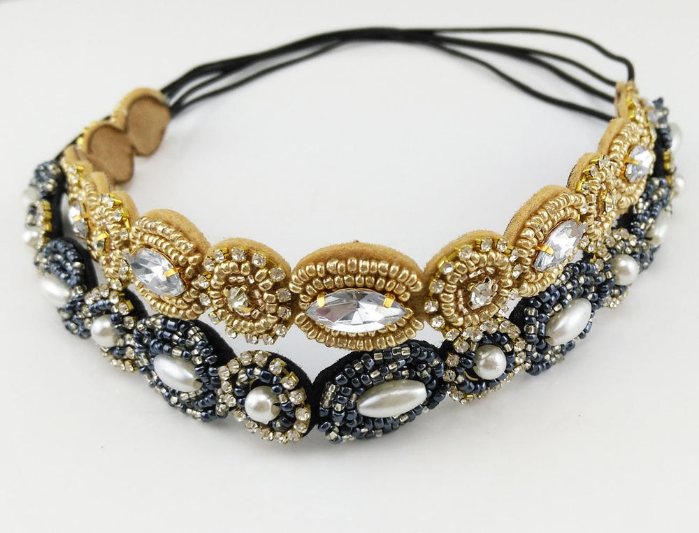 Navy blue + Gold : Pack of 2 Handmade Crystal Rhinestone Beads Elastic Headband Hair Band Women Hair Accessories (Navy blue + Gold)