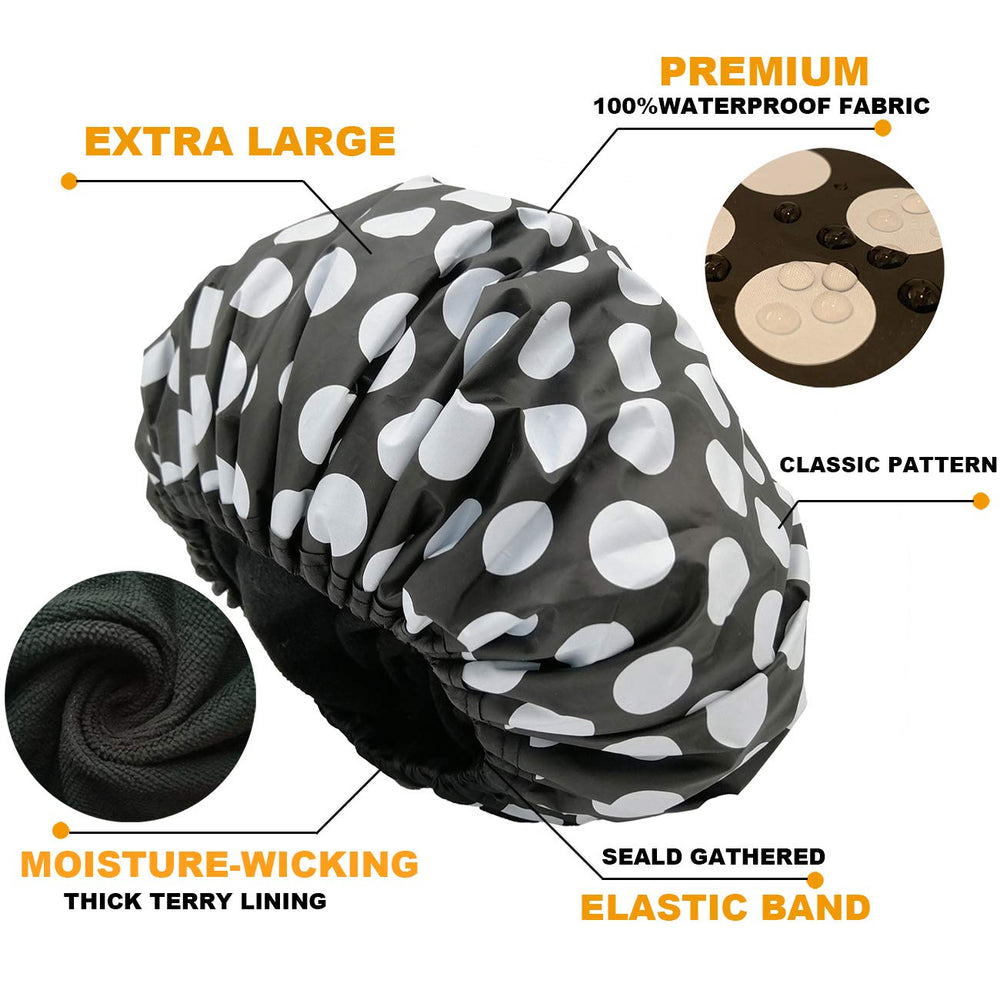 2 Pack Microfiber Lined Shower Caps For Women Waterproof Reusable Bath Caps Breathable and Washable Spa Hat Terry Iined Shower Hat Designed for Large, Long Hair Women with Elastic Band