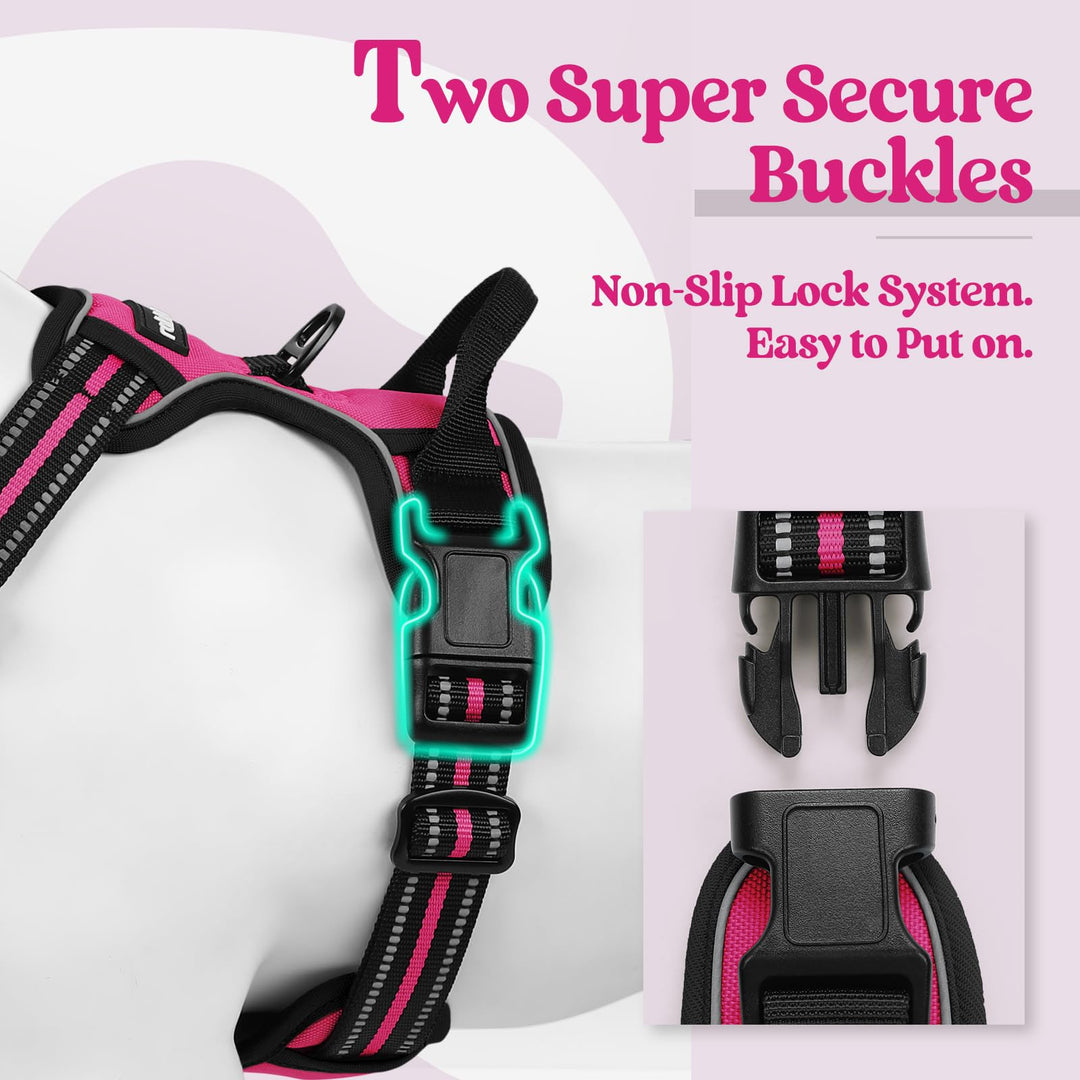 Dog Harness No Pull with 2 Leash Clips, Adjustable Soft Padded, Reflective Oxford No Choke Pet Vest with Easy Control Handle for Large Dogs, Hot Pink, L